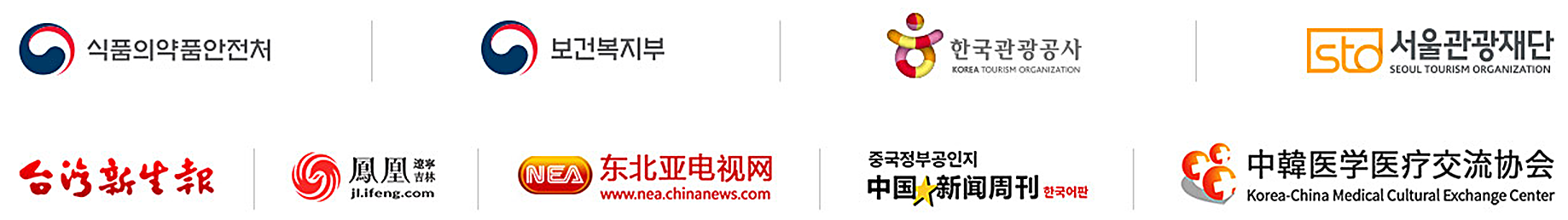 Hyundai Aesthetic Surgery international partner organizations — Ministry of Food and Drug Safety, Ministry of Health and Welfare, Korea Tourism Organization, Seoul Tourism Organization, 台灣新生報, 鳳凰, 東北亞電視網, 中國新聞週刊, 中韓醫學醫療交流協會