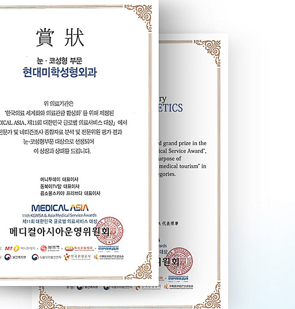Medical Asia Grand Prize certificate — Hyundai Aesthetic Surgery
